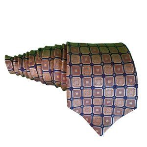 Tom James Bronze Blue Geometric Square Pattern 100% Silk Mens Necktie Tie